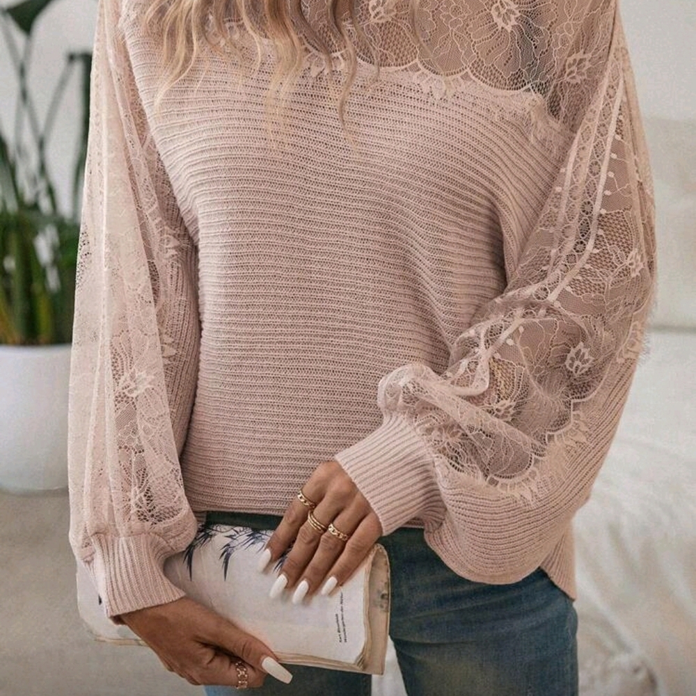 Women's Lace-Sleeve Ribbed Knit Pullover - Blush